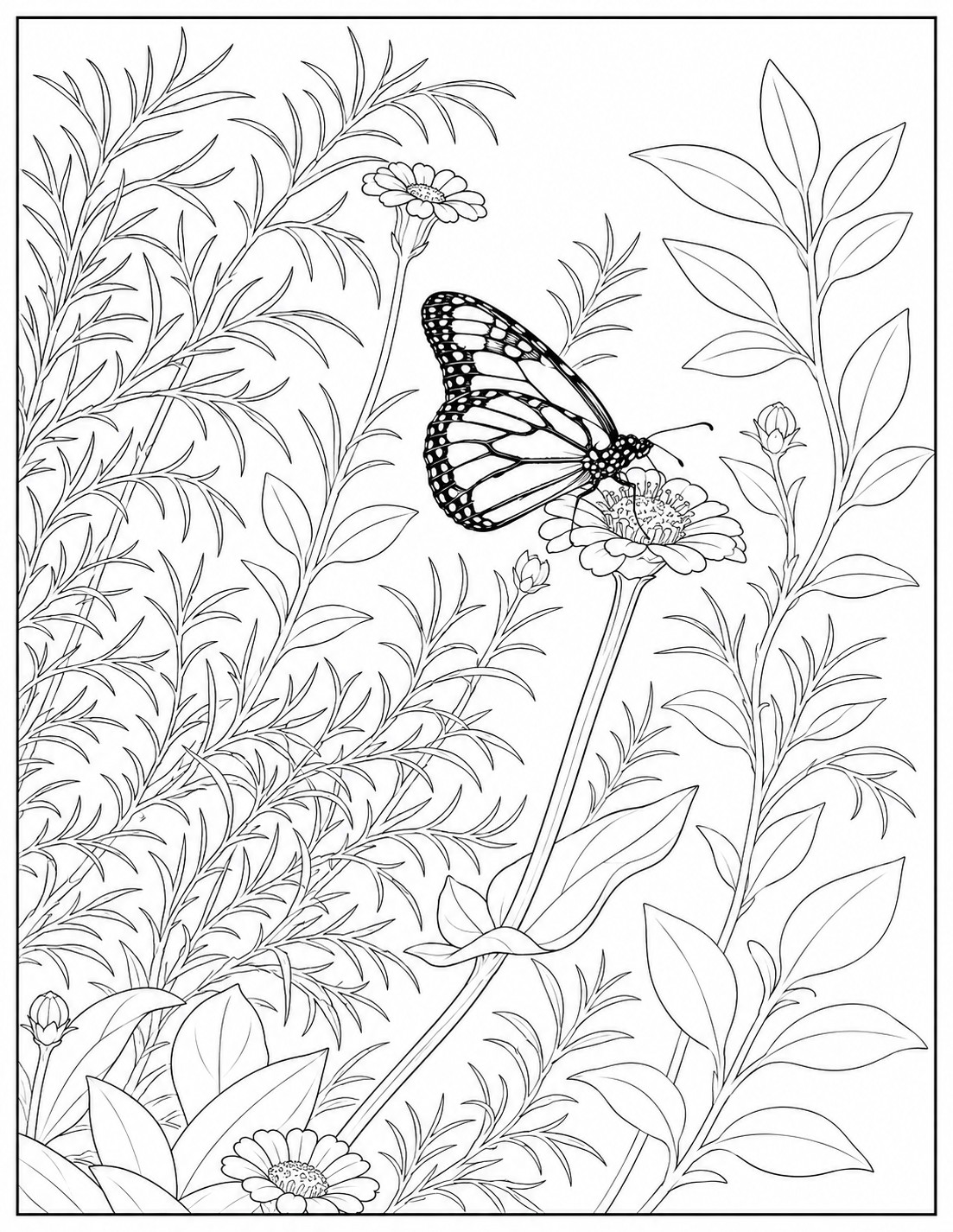 Monarch butterfly resting on a garden flower surrounded by stems and leaves coloring page