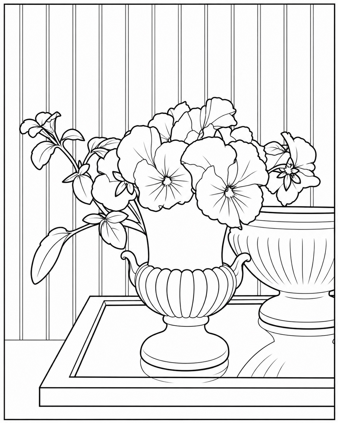 Pansies arranged in a classical urn coloring page