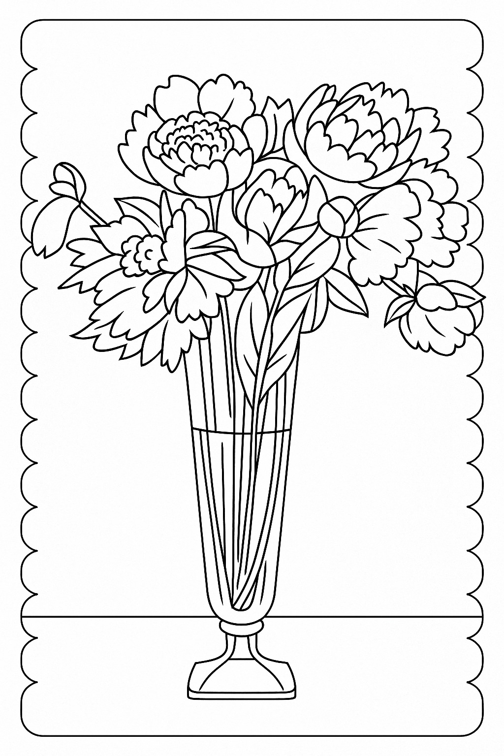 Black-and-white peony vase printable coloring page