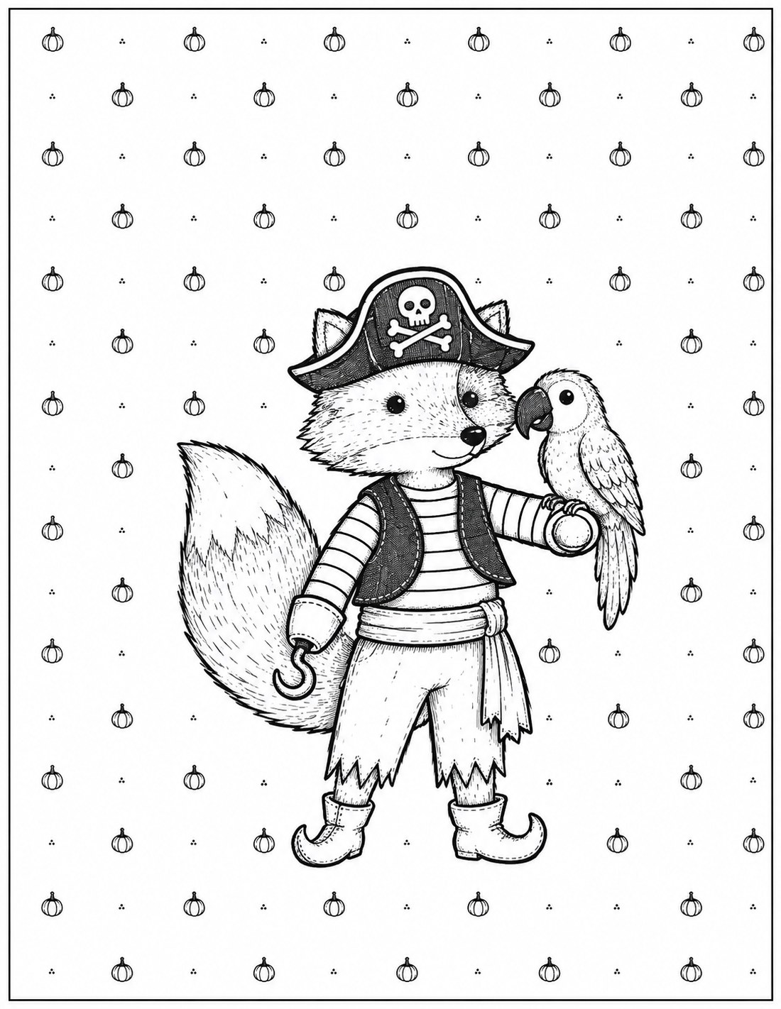 Black-and-white pirate fox & parrot printable fall coloring page