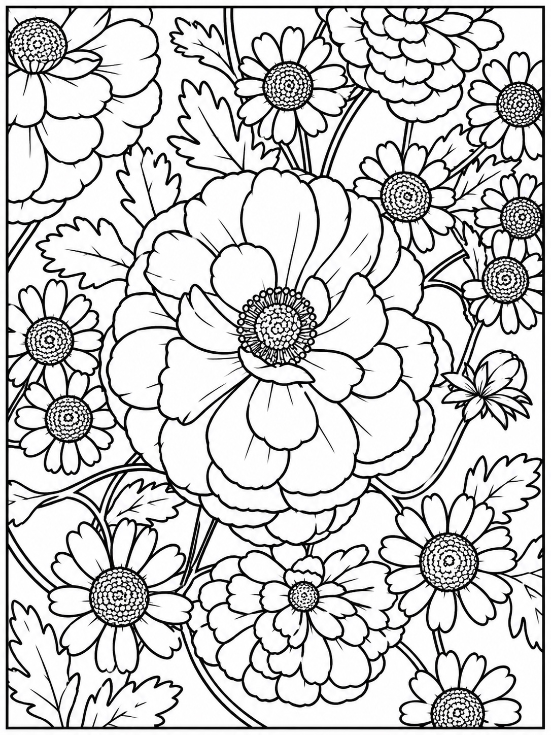 Edge-to-edge poppy and daisy floral pattern coloring page