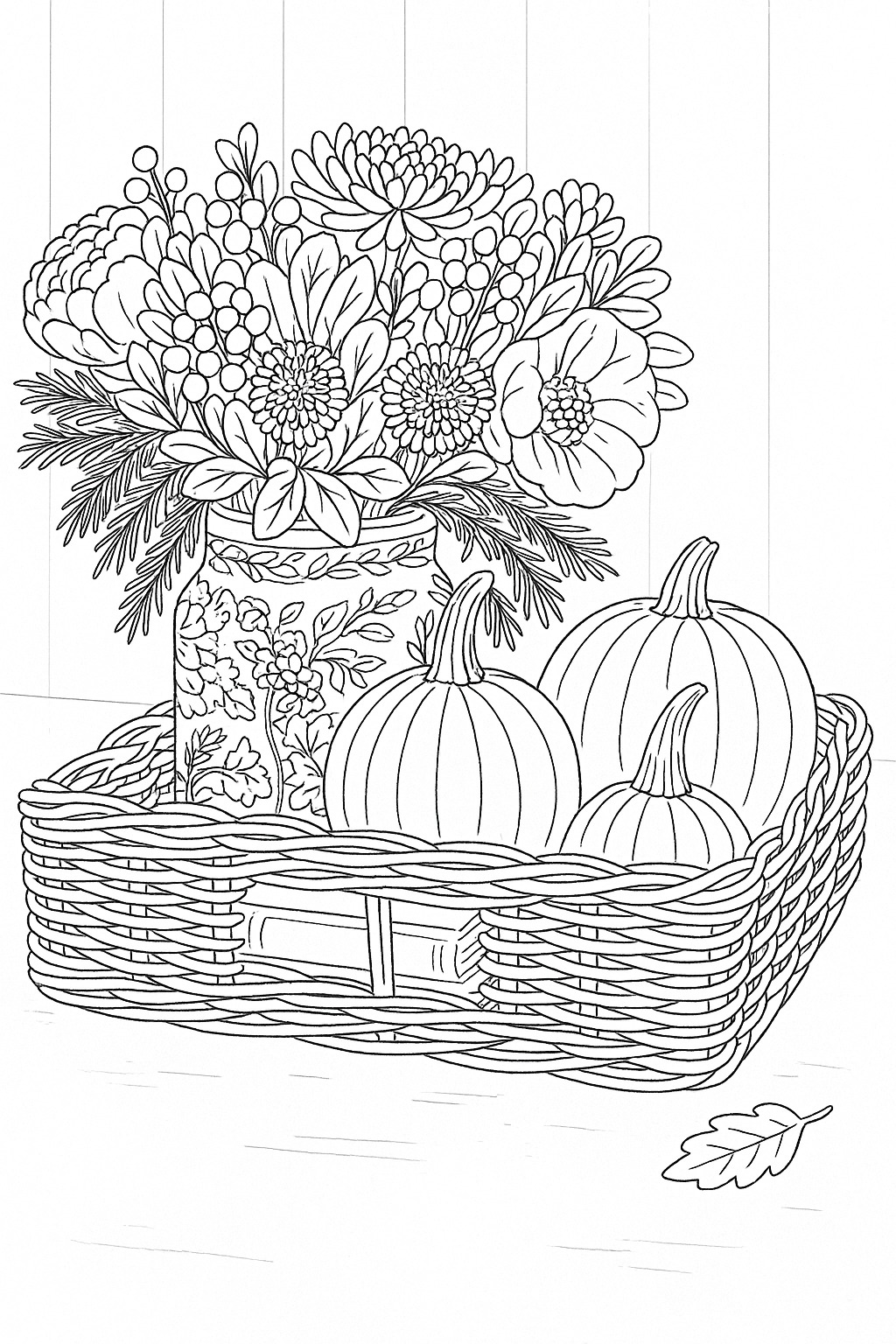 Black-and-white pumpkin basket bouquet printable coloring page