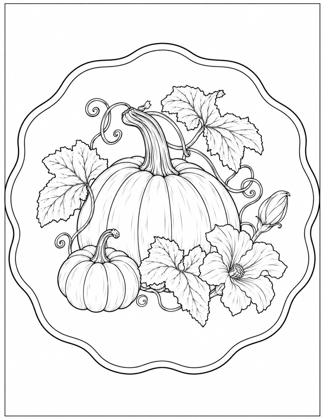 Black-and-white pumpkin harvest botanical printable fall coloring page