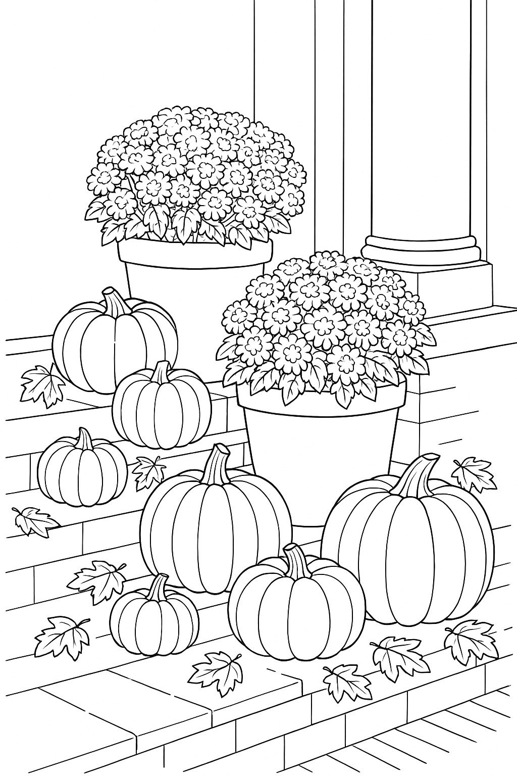 Black-and-white pumpkin porch still life printable coloring page