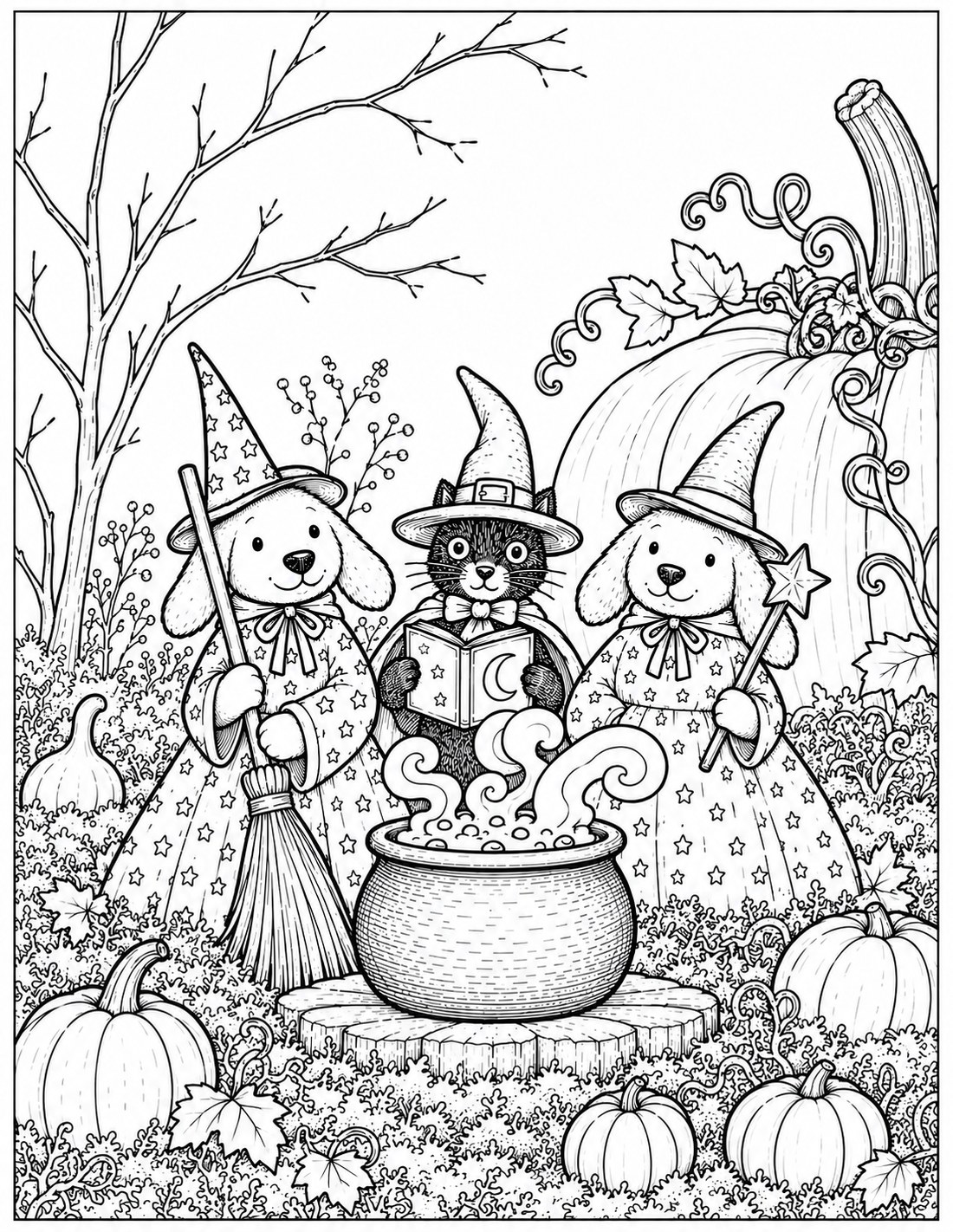 Black-and-white pumpkin spellcasters printable fall coloring page