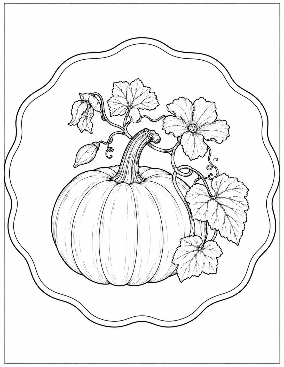 Black-and-white pumpkin vine botanical medallion printable fall coloring page