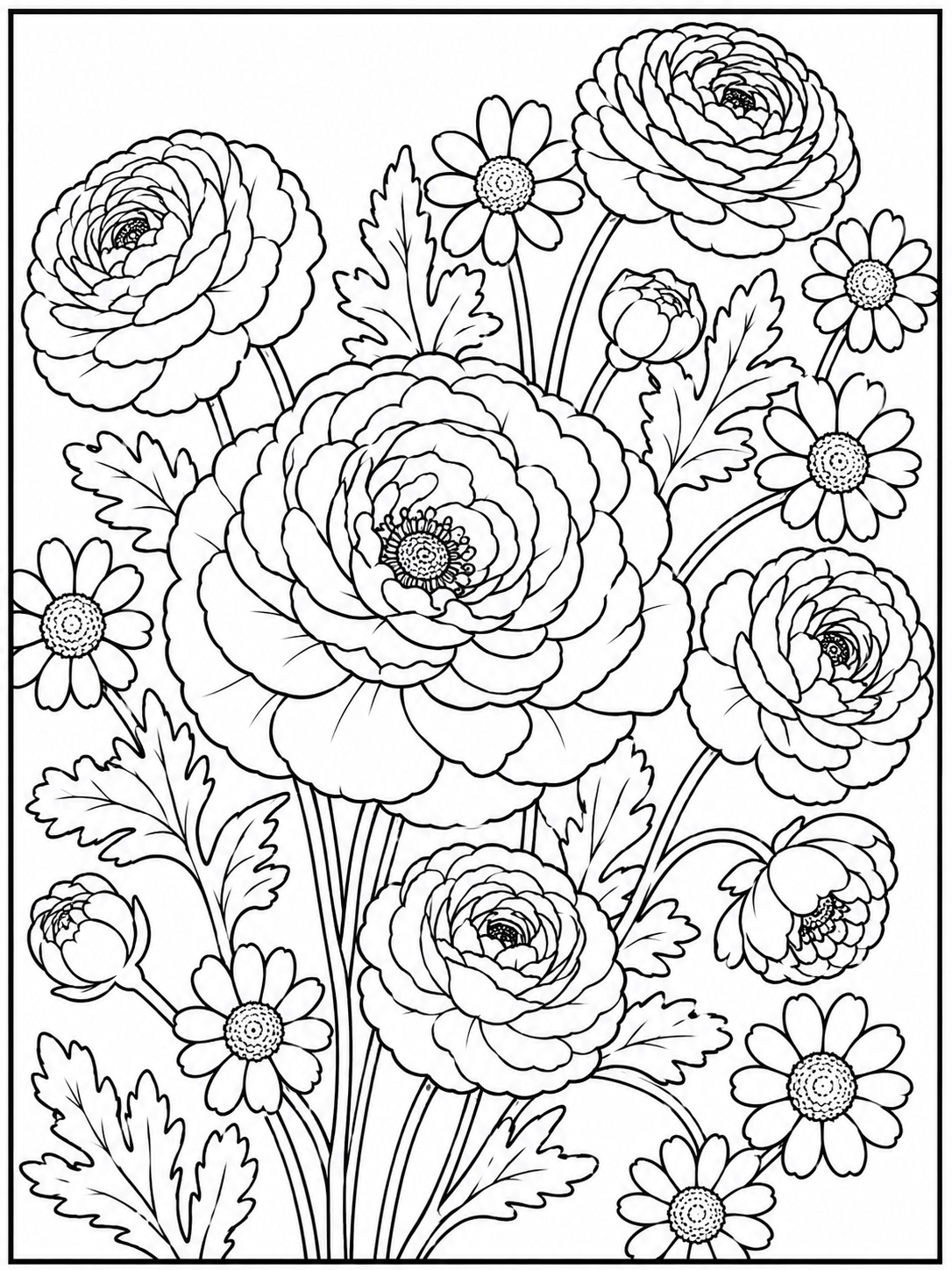 Detailed ranunculus and daisy bouquet coloring page