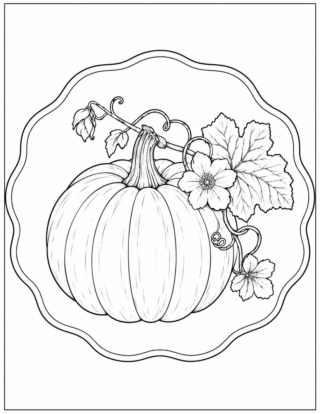 Black-and-white scalloped pumpkin botanical printable fall coloring page