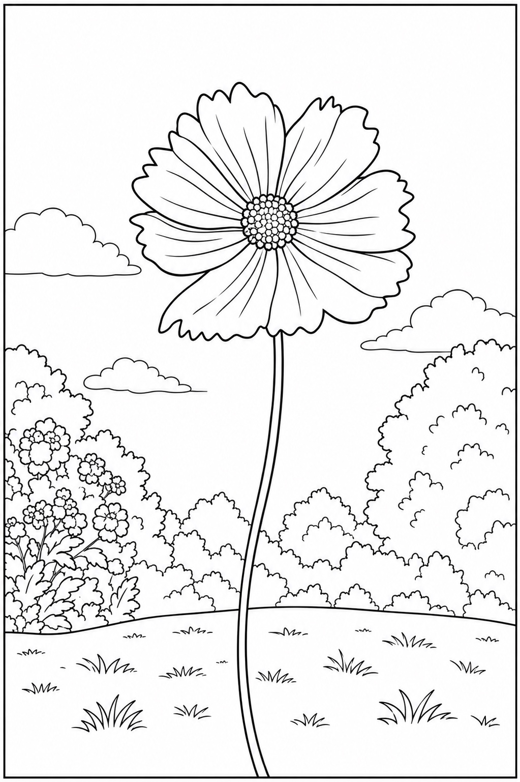 Single cosmos flower in a garden landscape coloring page