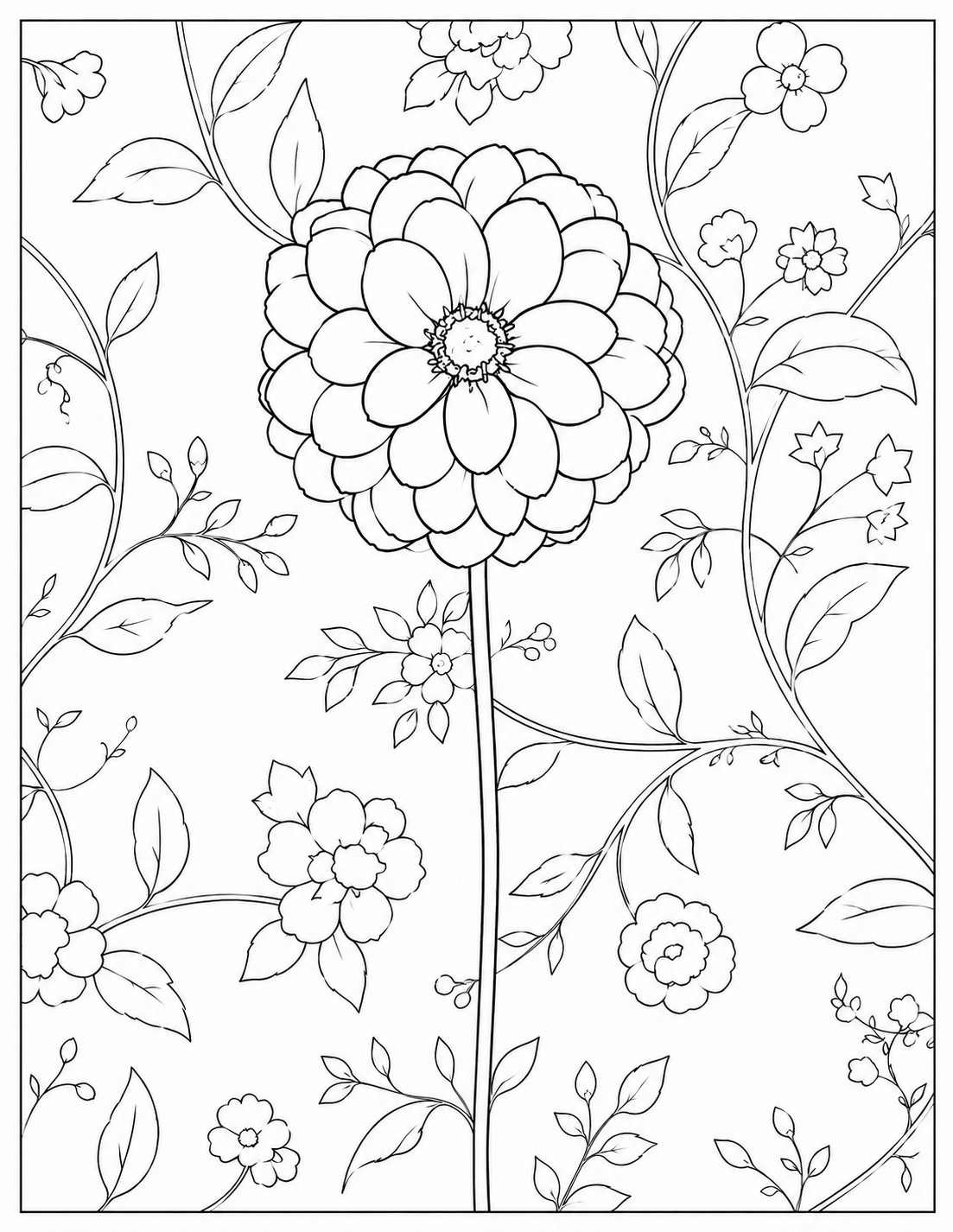 Large single dahlia flower surrounded by delicate floral vines coloring page