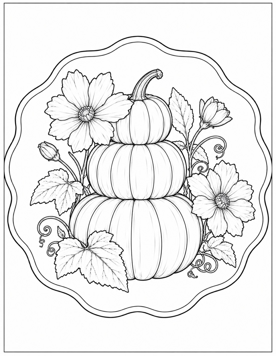 Black-and-white stacked pumpkin botanical medallion printable fall coloring page