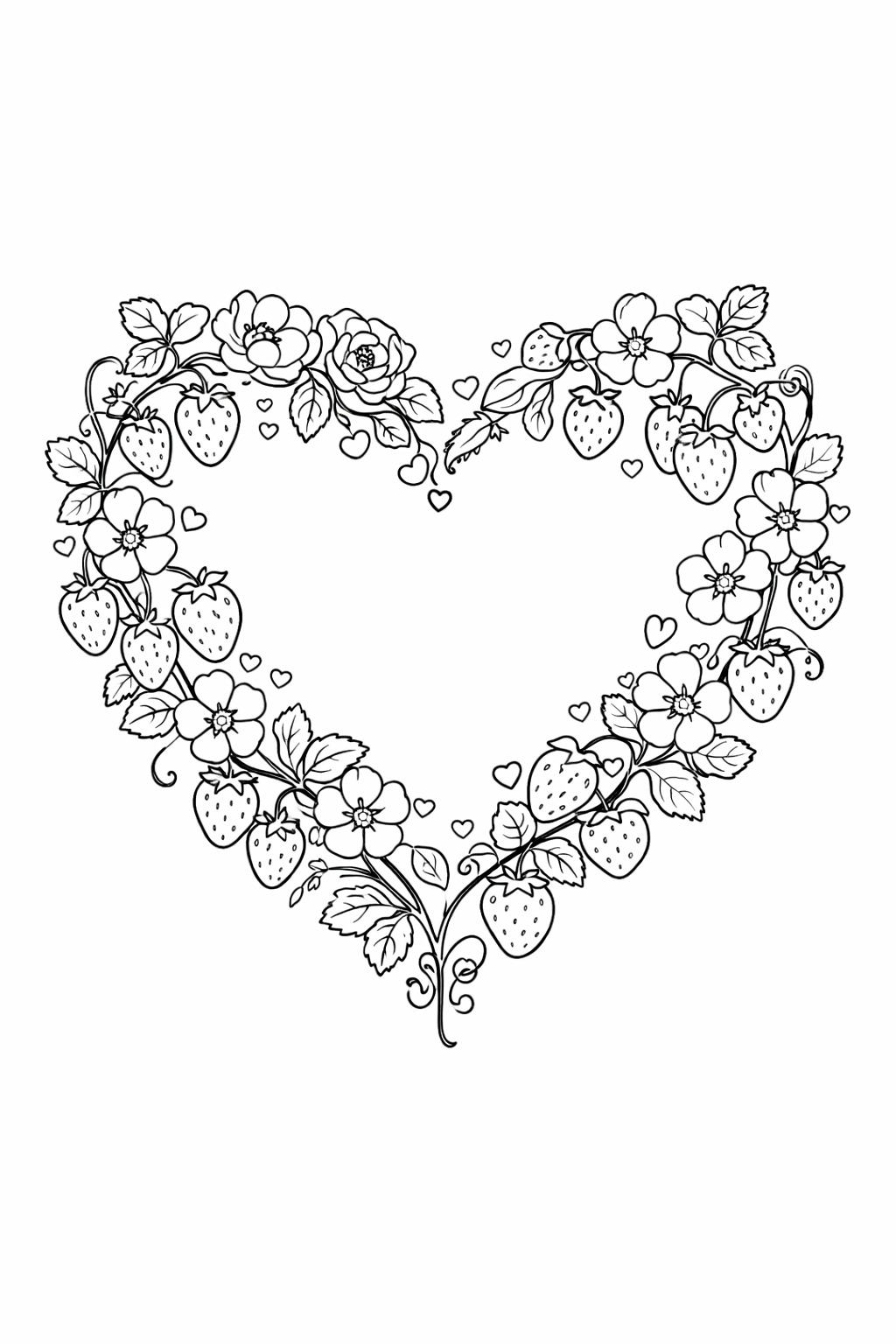Black-and-white strawberry flower heart printable coloring page