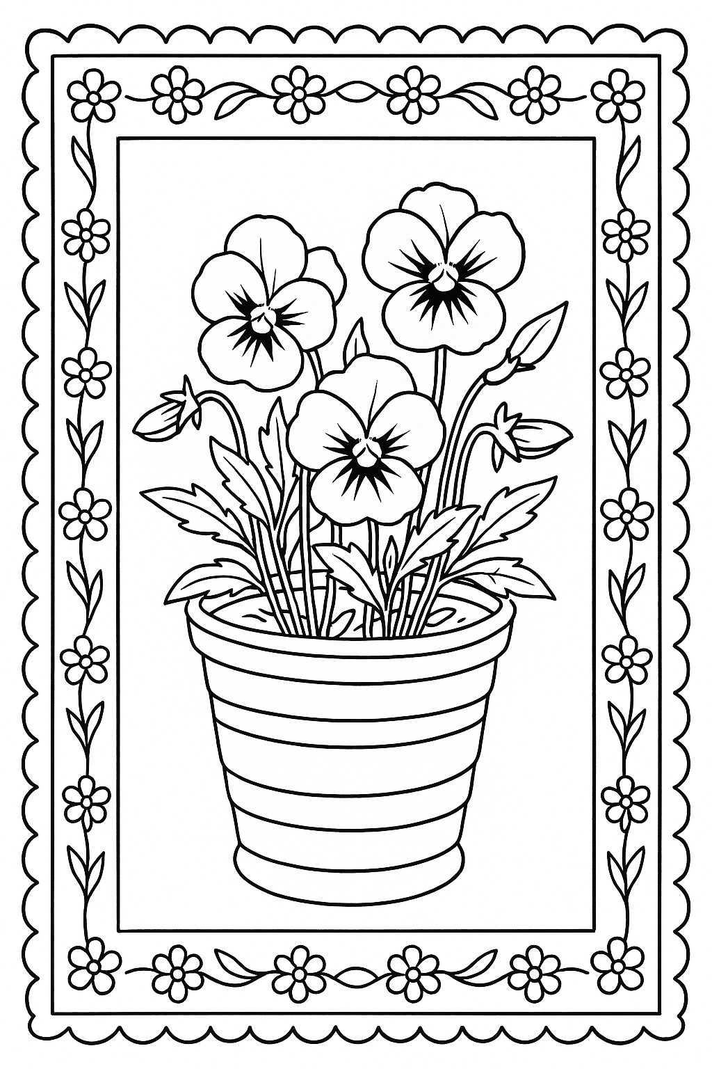 Black-and-white striped pot pansies printable coloring page