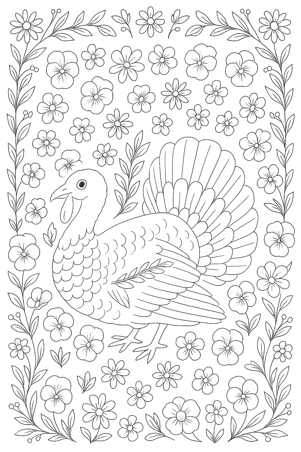 Black-and-white turkey & flower pattern printable coloring page