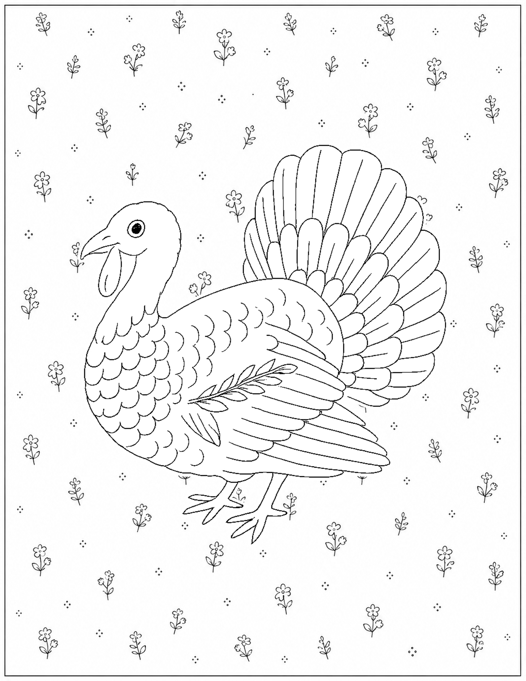 Detailed turkey with small ditsy hydrangea pattern printable coloring page