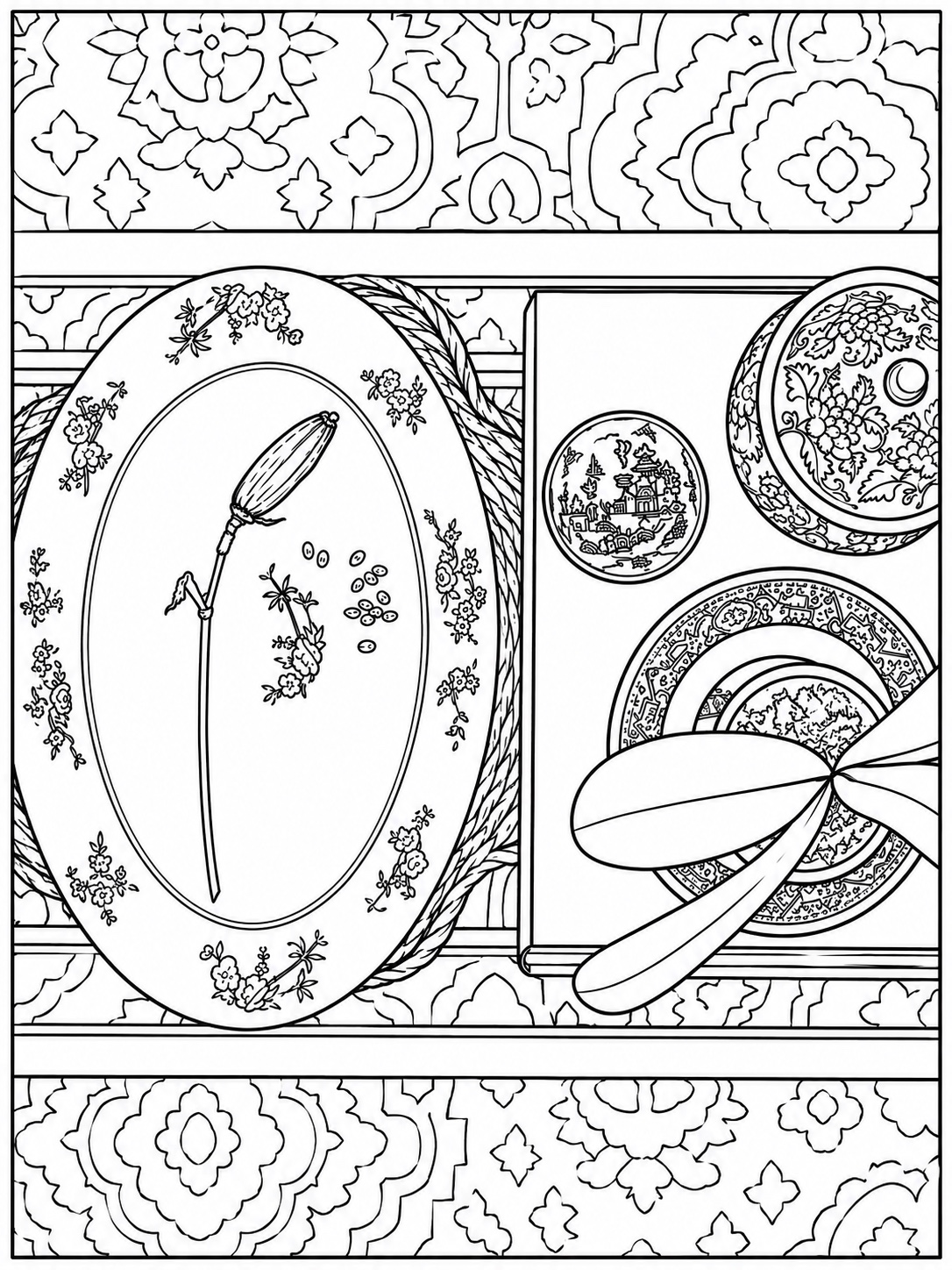 Vintage desk with framed botanical specimen, plates and scissors coloring page