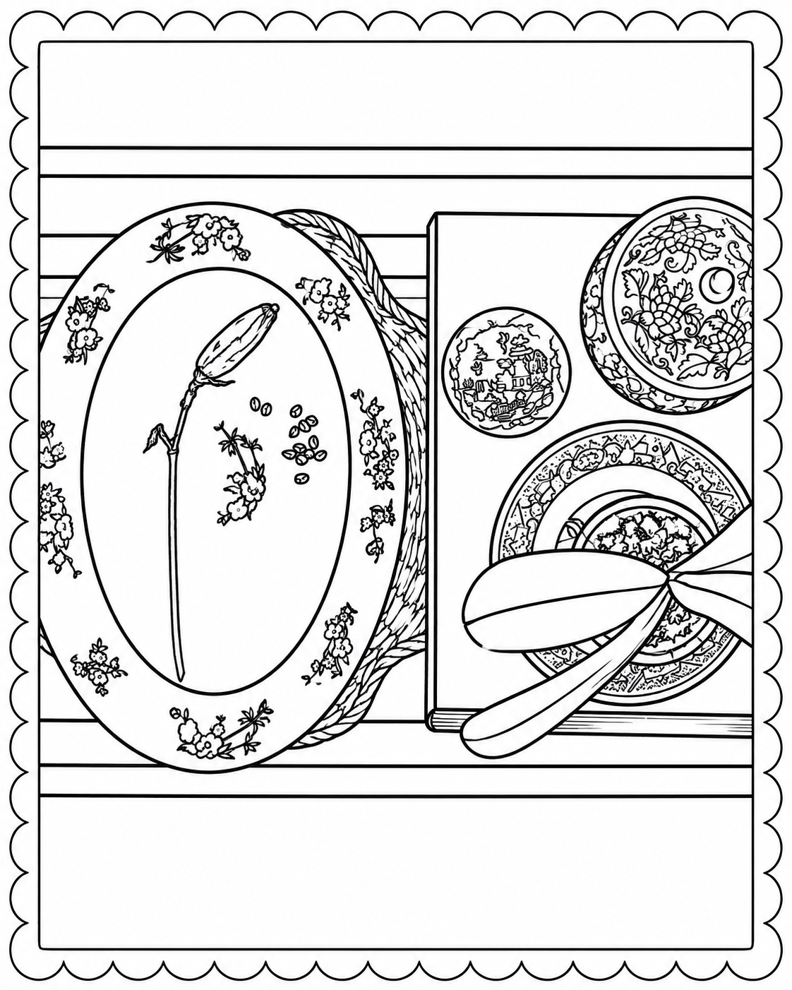 Vintage botanical shelf with framed flower, decorative plates and scissors coloring page
