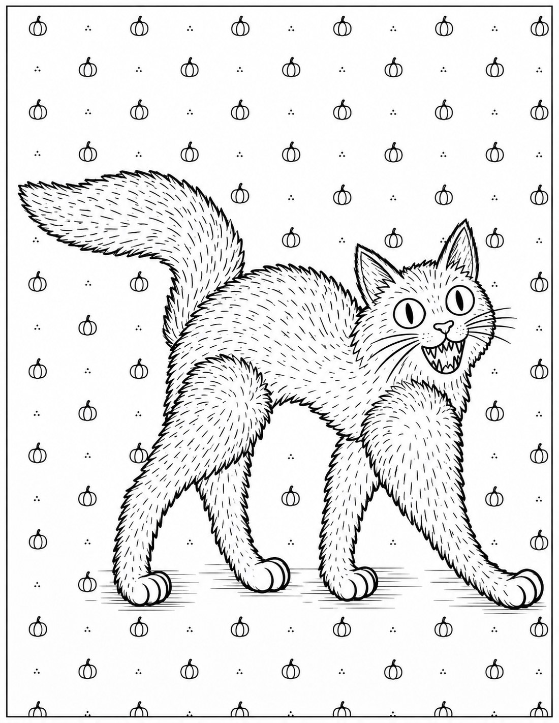 Black-and-white whimsical halloween cat printable fall coloring page