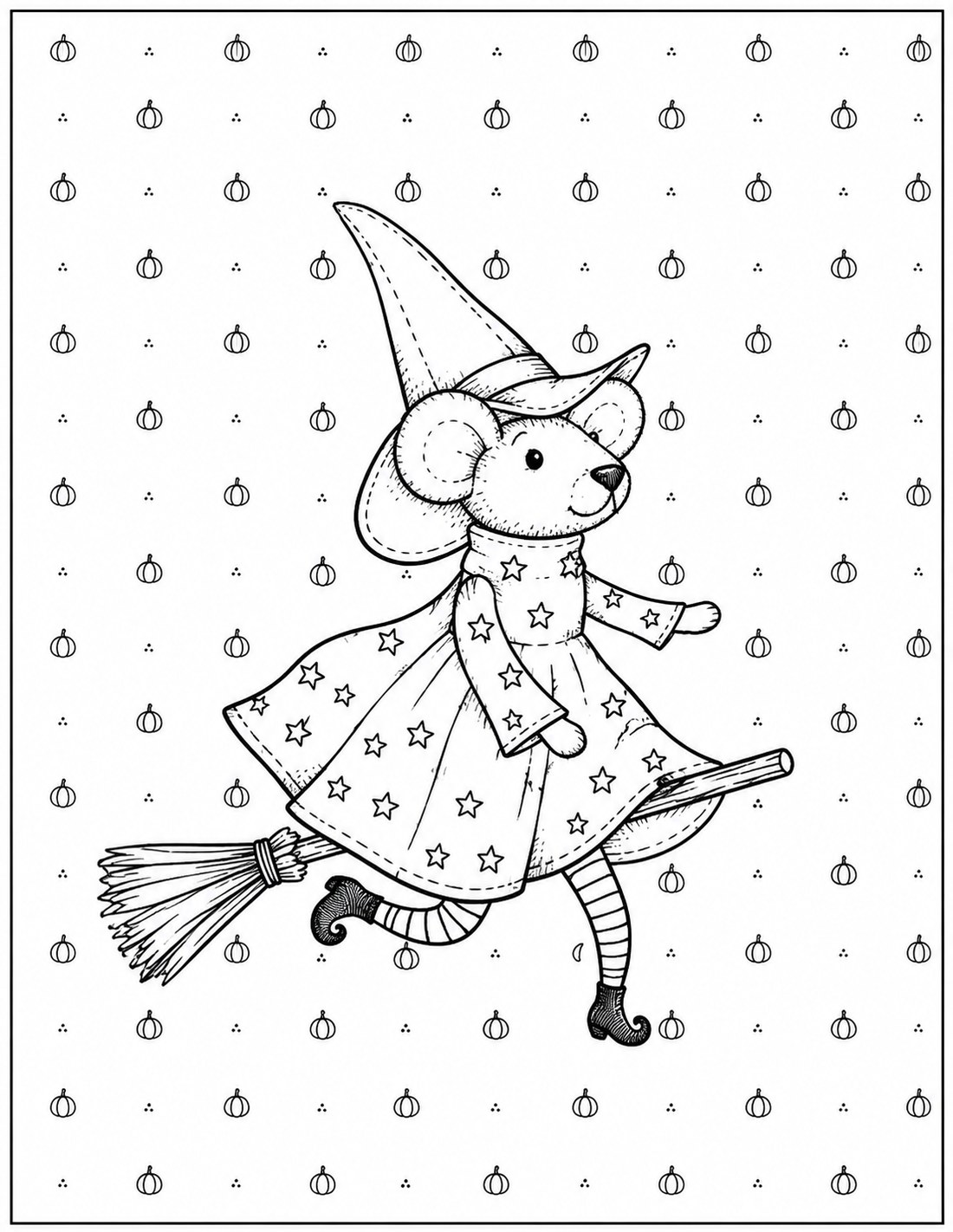 Black-and-white whimsical mouse witch printable fall coloring page