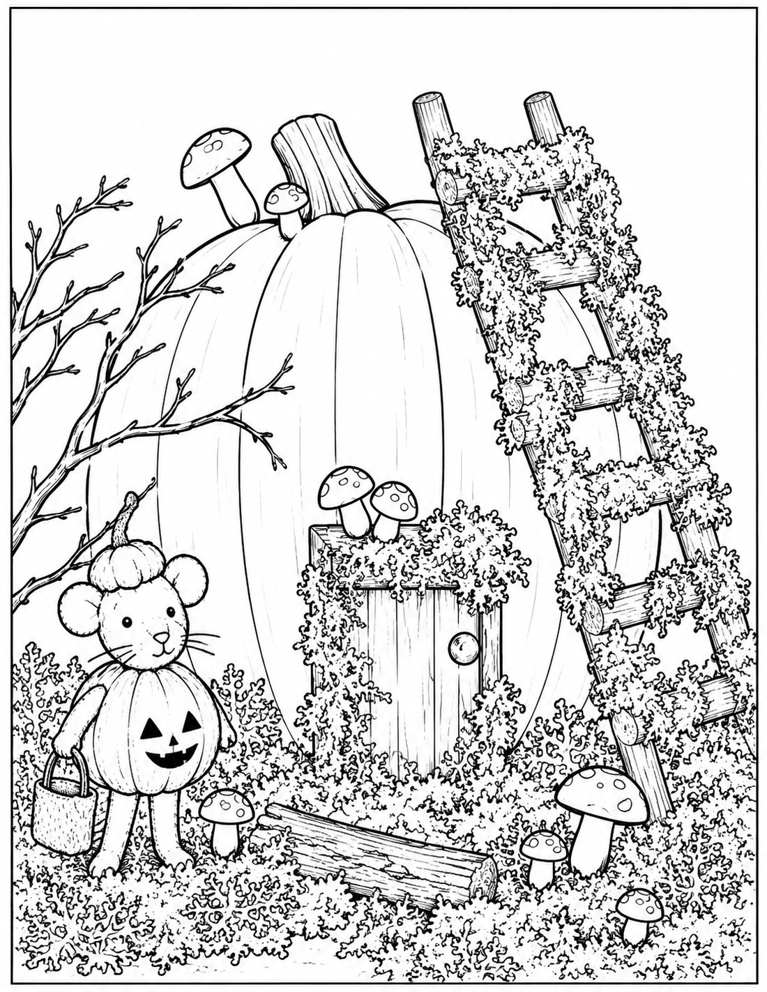 Black-and-white whimsical pumpkin fairy house printable fall coloring page