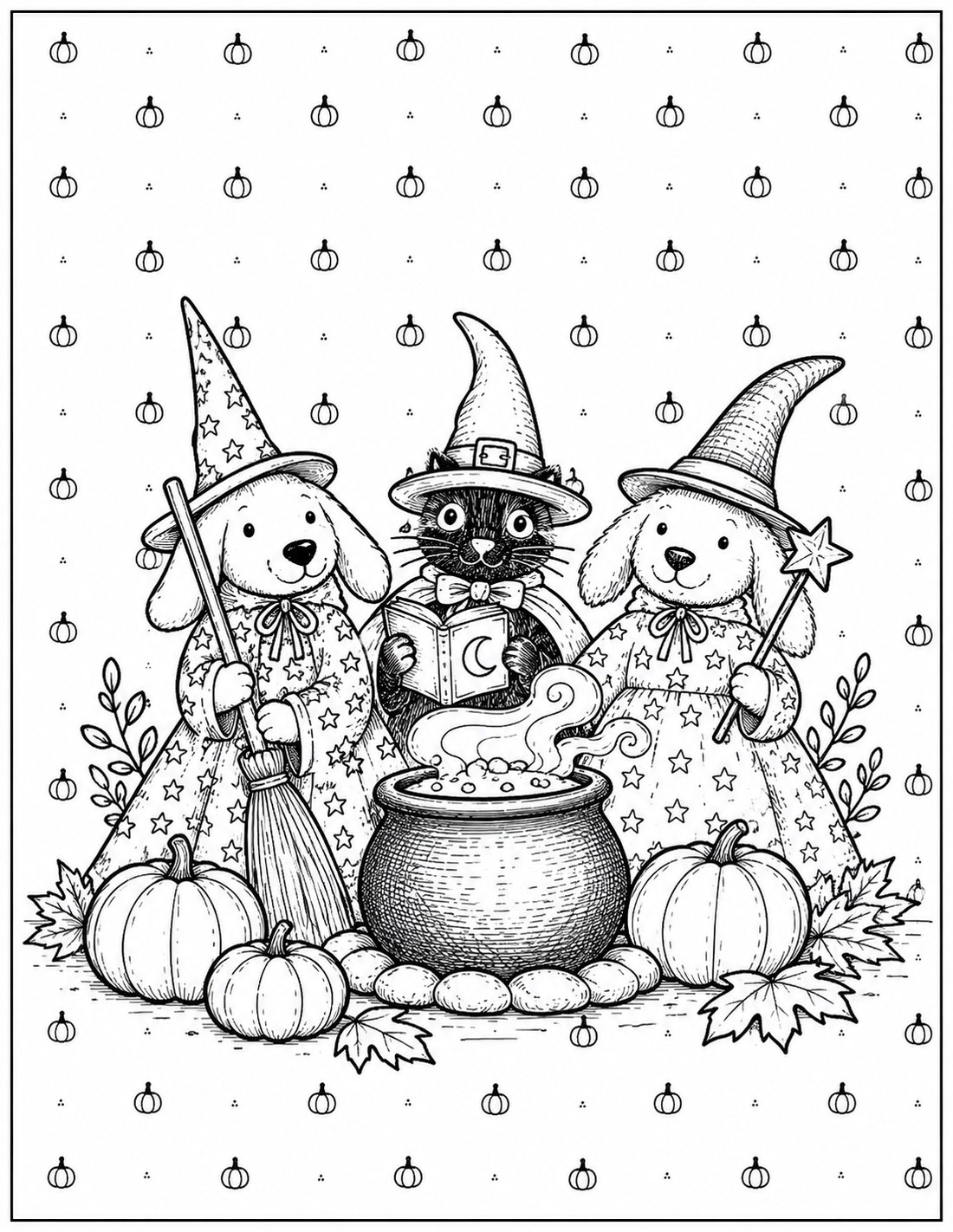 Black-and-white whimsical witch cauldron party printable fall coloring page