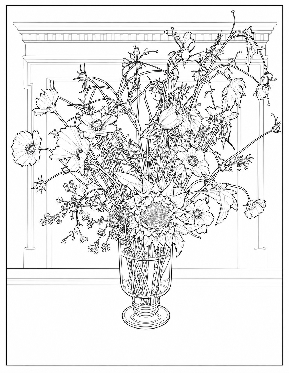 Detailed wildflower bouquet arranged in a glass pedestal vase coloring page