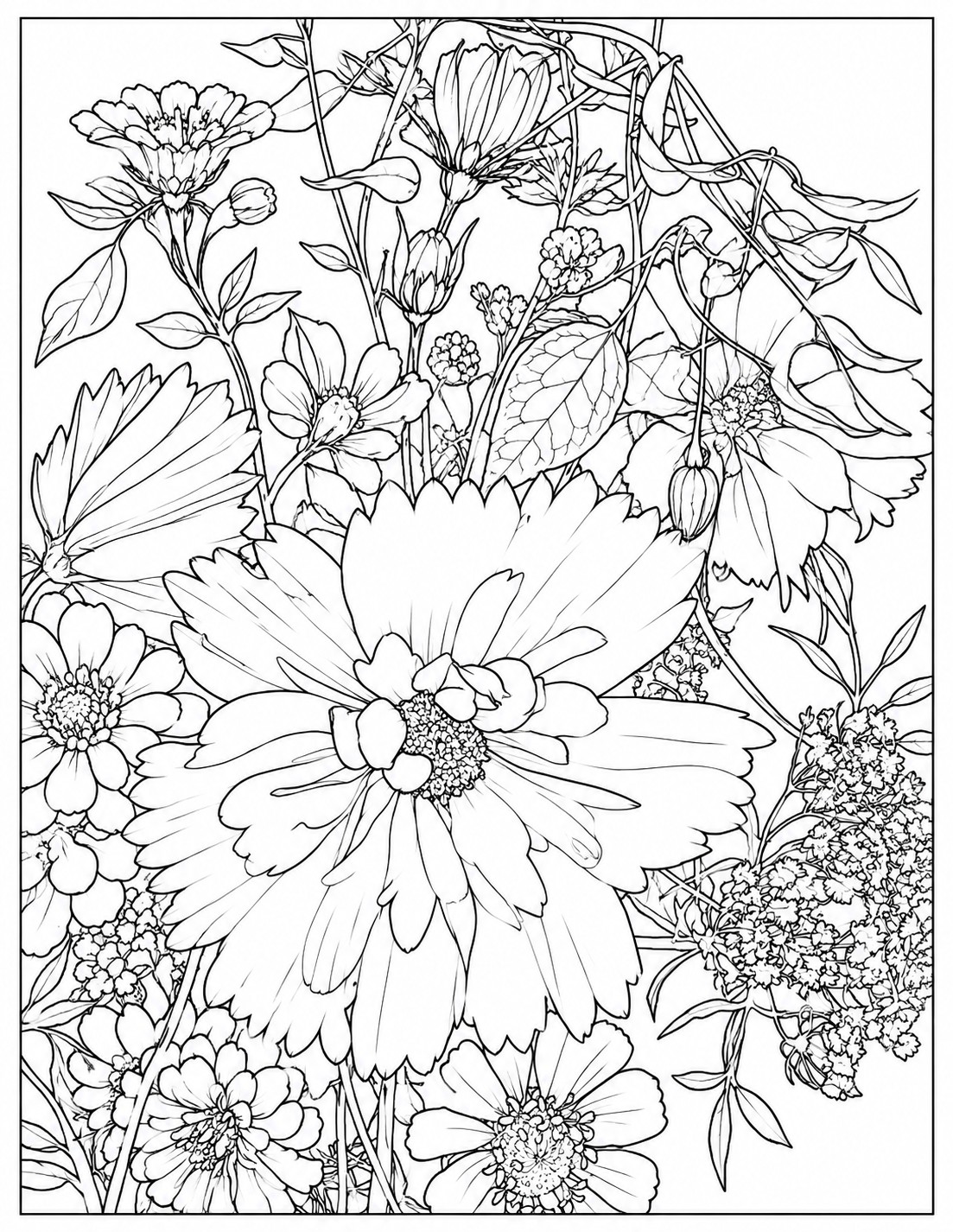 Detailed close-up of large garden flowers and surrounding wildflowers coloring page