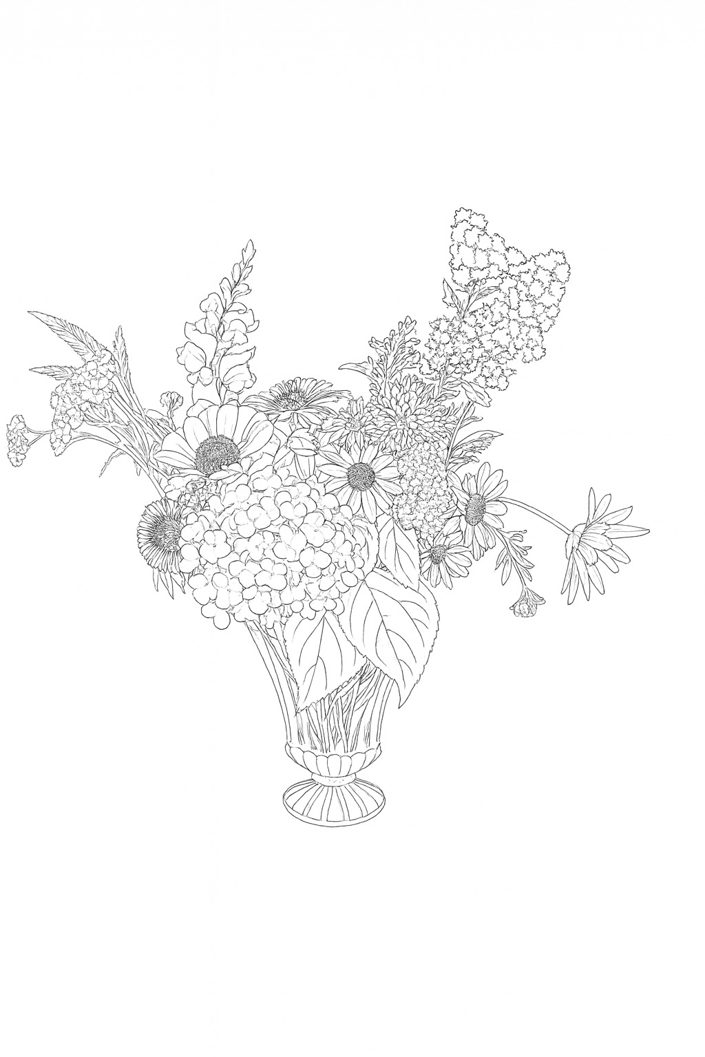 Black-and-white wildflower vase printable coloring page