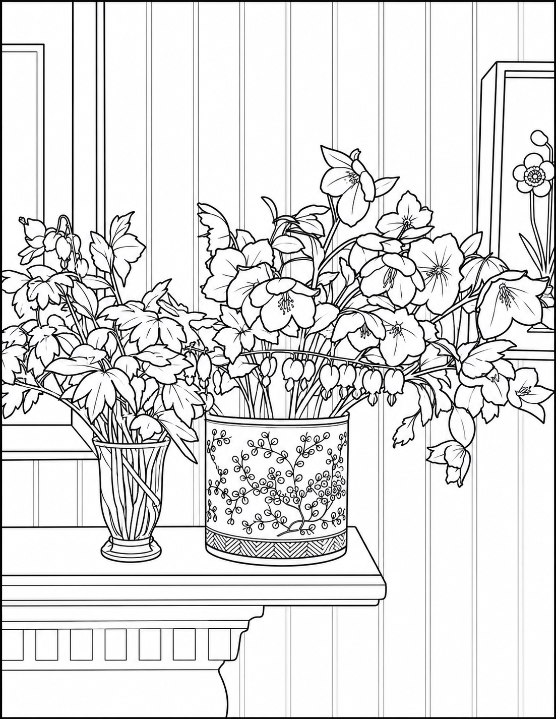 Flower-filled pots and vases on a windowsill coloring page