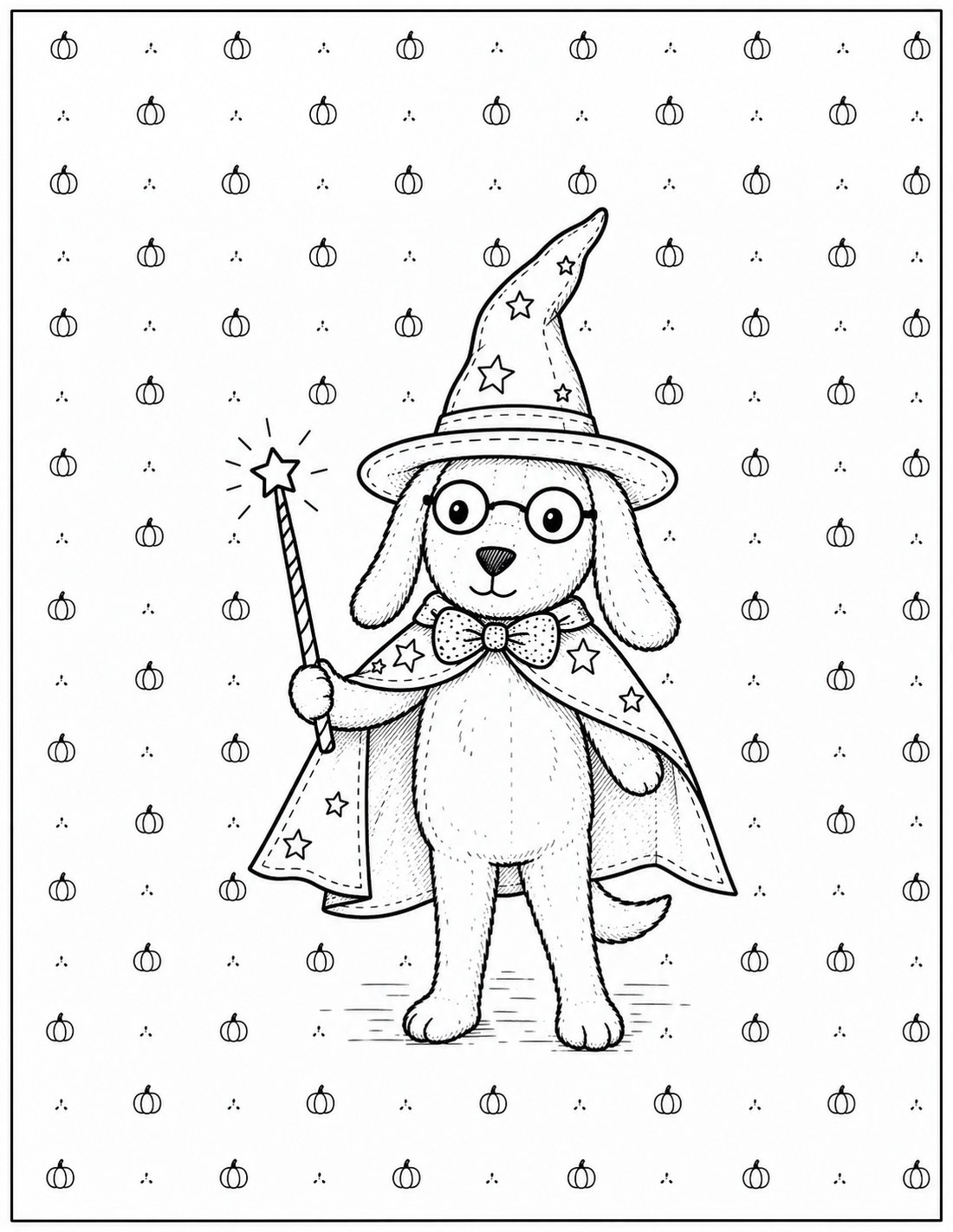 Black-and-white wizard puppy halloween printable fall coloring page