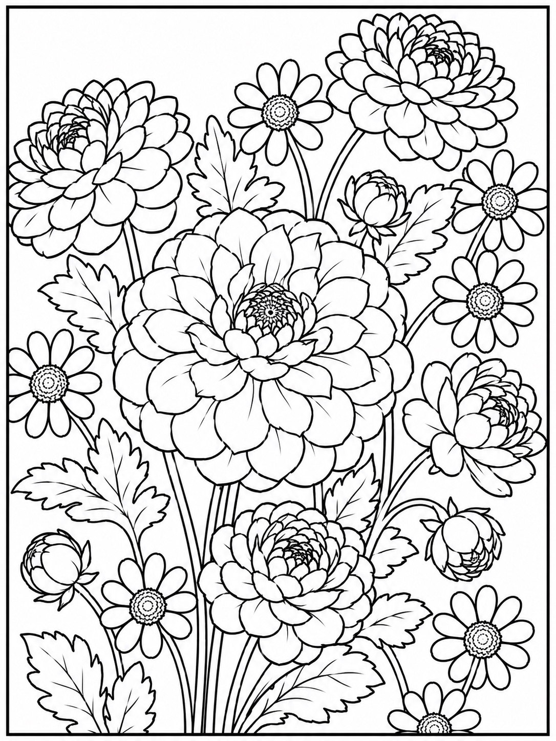 Full zinnia and daisy garden bouquet coloring page
